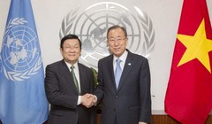 Chủ tịch nước Trương Tấn Sang hội kiến với Tổng Thư ký Liên hợp quốc Ban Ki Moon nhân chuyến dự Hội nghị thượng đỉnh Liên Hợp Quốc.- Ảnh: U.N