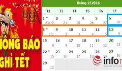 Lịch nghỉ Tết Nguyên đán 2016 chính thức (ô màu xanh là ngày nghỉ hằng tuần, ô màu cam là các ngày nghỉ Lễ)