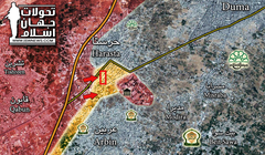 Bản đồ chiến sự khu vực căn cứ thiết giáp ở quận Harasta - Đông Ghouta