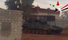 Pháo phản lực nhiệt áp TOS - 1A quân đội Syria ở Đông Ghouta - ảnh Muraselon