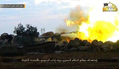 Pháo binh quân đội Syria tấn công phiến quân trên chiến trường Latakia - ảnh minh họa Masdar News