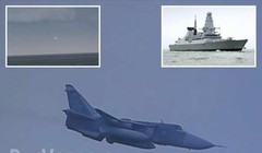 Tàu khu trục Hoàng gia Anh và các máy bay của không quân Nga. Ảnh Rusvesna