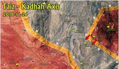 Cuộc chiến gần thành phố cảng biển al-Hudaydah trên bờ biển phía tây Yemen. Liên minh vùng Vịnh chiếm núi Rahnaj. Ảnh bản đồ Masdar News