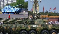 Xe bọc thép bánh lốp ZTL-11 và xe đột kích đôt bộ ZBD05 Trung Quốc trong lễ duyệt binh. Ảnh: Sina