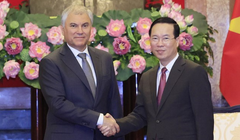 Chủ tịch nước Võ Văn Thưởng tiếp Chủ tịch Duma Quốc gia Nga Vyacheslav Viktorovich Volodin. (Ảnh: Thống Nhất/TTXVN)