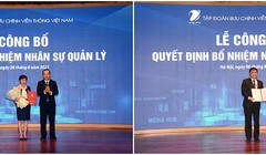 Chủ tịch VNPT Phạm Đức Long trao quyết định cho 2 phó Tổng GĐ Tập đoàn. Ảnh VNPT