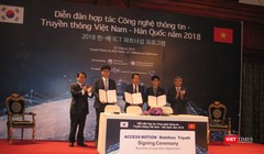Bộ trưởng You Young Min và Thứ trưởng Nguyễn Minh Hồng chứng kiến sự ký kết hợp tác của Access Montion (Hàn Quốc) với 2 đối tác Việt Nam là Mobifone và Tripath
