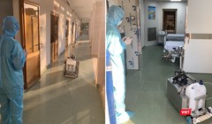 Hôm nay, BV Dã chiến Củ Chi vừa chính thức đưa robot khử khuẩn phòng cách ly đi vào hoạt động (Ảnh: Hòa Bình ghép) 