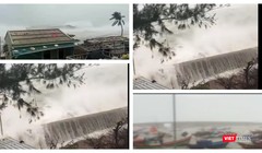 Cột sóng cao gần 10m đập vào đảo Lý Sơn sáng nay 28/10 (Ảnh: Hoà Bình ghép từ video clip) 