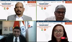 Lễ khai mạc Triển lãm trực tuyến với sự có mặt của Tiến sĩ Madan Mohan Sethi - Tổng lãnh sự Ấn Độ tại TP.HCM; ông Manoj Barthwal - Chủ tịch, Phòng Thương mại Ấn Độ tại Việt Nam; và ông Vijay Kalantri - Giám đốc WTC Mumbai; bà Huỳnh Đinh Thái Linh - Giám đốc Trung tâm Thương mại Thế giới Thành phố Mới Bình Dương (WTC BDNC). Ảnh: Hoà Bình