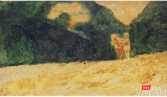 Dương Bích Liên (1924-1989) dựng lên một không gian núi rừng, trời nước bao la trong bức tranh sơn mài “Bác Hồ ở chiến khu Việt Bắc”. Ảnh: BTMTVN