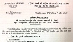 Báo cáo nhanh của Sở Y tế tỉnh Yên Bái về trường hợp sản phụ thiệt mạng sau khi mổ đẻ bằng phương pháp gây tê tủy sống.