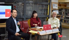 Ông Nguyễn Hoàng Phúc - Phó Giám đốc Trung tâm Điều phối ghép tạng Quốc gia (Bộ Y tế), nhà văn Di Li và nhà phê bình văn học Phạm Xuân Nguyên. 