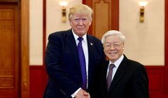 Tổng thống Mỹ Donald Trump đã hội kiến Tổng bí thư Nguyễn Phú Trọng vào lúc 11h tại Văn phòng Trung ương Đảng ở Hà Nội. Ảnh: Tuổi trẻ