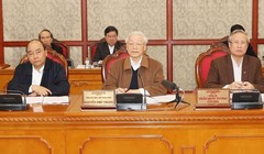 Tổng Bí thư, Chủ tịch nước Nguyễn Phú Trọng chủ trì phiên họp của Bộ Chính trị sáng 20/3 về công tác phòng, chống dịch COVID-19. Ảnh: TTXVN.