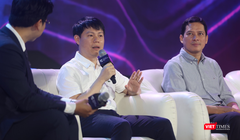 Tổng Giám đốc VTC Nguyễn Ngọc Bảo và Cục trưởng Cục Phát thanh, Truyền hình & Thông tin điện tử Lê Quang Tự Do trao đổi tại Diễn đàn Game Việt Nam.