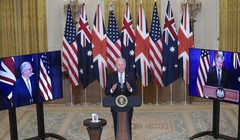 Lãnh đạo Mỹ, Anh, Australia tổ chức họp báo chung tuyên bố về liên minh mới "Aukus" hôm 15/9 (Ảnh: EPA)