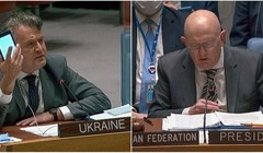 Đại sứ Ukraine tại Liên Hợp Quốc Sergiy Kyslytsya (trái) và người đồng cấp Nga Vassily Nebenzia (Ảnh: Reuters).