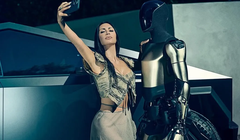 Kim Kardashian tạo dáng chụp ảnh bên chiếc Cybertruck và robot Optimus của Tesla. Ảnh: Thread.