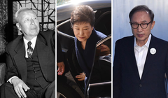 Từ trái sang phải, Tổng thống Hàn Quốc Syngman Rhee tại dinh tổng thống vào tháng 3/1955; cựu Tổng thống Park Geun-hye tại văn phòng công tố vào tháng 3/2017; và cựu tổng thống Hàn Quốc Lee Myung-bak tại phiên tòa xét xử ông vào tháng 9/2018. Ảnh: Washington Post.