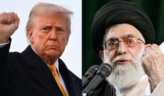 Tổng thống Mỹ Donald Trump giơ nắm đấm khi lên chuyên cơ Không lực Một tại Căn cứ chung Andrews ở Maryland vào ngày 7/3. Lãnh tụ tối cao Iran Ayatollah Ali Khamenei có bài phát biểu tại Tehran vào ngày 4/6/2007. Ảnh: Reuters.