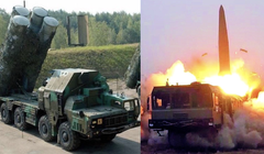 Hệ thống phòng không S-300P của Ukraine và một vụ phóng tên lửa Iskander-M của Nga. Ảnh: MW.