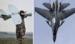Quân nhân Ukraine với máy bay không người lái và máy bay chiến đấu Su-30 của Nga. Ảnh: MW.