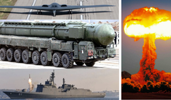 Máy bay ném bom B-2, tên lửa Yars, tàu khu trục Choi Hyon và hình ảnh một vụ nổ hạt nhân. Ảnh: MW.