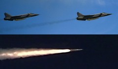 Máy bay chiến đấu MiG-31K và tên lửa Kinzhal đang trong quá trình bay. Ảnh: MW.