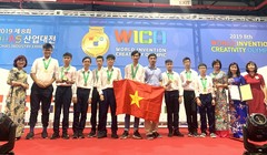Đoàn Việt Nam dự thi Olympic Phát minh và Sáng chế thế giới (WICO) 2019 - Ảnh: Cổng thông tin điện tử Ngành GD&ĐT Hà Nội. 