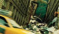 Một cơn lũ quét ngang con phố hẹp ở thành phố New York. Trong làn nước xiết là những chiếc ô tô.