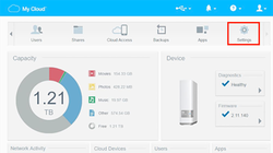 Khi đăng nhập bằng tài khoản quản trị viên (administrator), tại giao diện chính của trang Dashboard, bạn hãy nhấn vào nút Settings (biểu tượng hình bánh răng ở góc trên bên phải).
