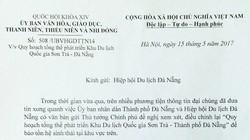 Công văn từ Ủy ban Văn hóa, Giáo dục, Thanh niên, Thiếu niên và Nhi đồng của Quốc hội gửi Hiệp hội Du lịch Đà Nẵng "Về việc Quy hoạch tổng thể phát triển Khu du lịch quốc gia Sơn Trà-Đà Nẵng".