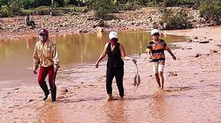 Vỡ hồ chứa khiến lượng lớn bùn non và nước thải xử lý vàng chạy xuống sông. ảnh MT-ĐT