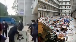 Hình ảnh các nhân viên phòng dịch đập phá (trái) và quăng đồ đạc của học sinh trong ký túc xá xuống sân bị truyền thông phê phán (Ảnh: Đông Phương).