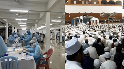 Quang cảnh buổi diễn ra nghi lễ truyền giáo (phải) và các nhân viên phòng dịch lấy mẫu xét nghiệm các tín đồ tham dự (Ảnh: Sinchew).