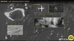Ảnh vệ tinh của ISI cho thấy các máy bay và tàu chiến Trung Quốc đang hoạt động trên vùng trời và vùng biển gần đá Subi (Ảnh: Dwnews).