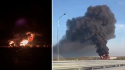 Kho dầu Zenit ở thành phố Kotelnich, tỉnh Kirov bị cháy nhiều giờ do bị UAV tấn công (Ảnh: The Guardian).