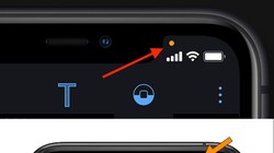 Dấu chấm cam (phía trên) và dấu chấm xanh (bên dưới) iPhone chạy iOS 14.