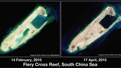 Ảnh vệ tinh chụp đá Chữ Thập thời điểm tháng 2/2015 và tháng 4/2015 cho thấy tốc độ xây dựng chóng mặt của Trung Quốc tại Trường Sa