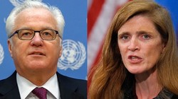 Đại sứ Nga tại Liên Hợp Quốc Vitaly Churkin (trái) và đại sứ Mỹ tại Liên Hợp Quốc Samantha Power. Ảnh: Reuters.