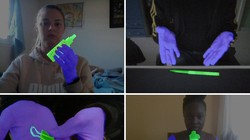 Trong mỗi video của bộ dữ liệu tùy chỉnh HuTics, bàn tay của người dùng được hiển thị bằng màu xanh lam và đối tượng có màu xanh lá cây, được sử dụng để đào tạo mô hình Máy học. Ảnh © 2022 Yatani và Zhou