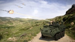 Ảnh đồ họa Hệ thống Phòng không Tầm ngắn Cơ động Năng lượng Định hướng DE M-SHORAD trên xe chiến đấu Stryker. Ảnh Task & Purpose.