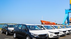 Lô xe Kia Grand Carnival được đưa vô container tại Khu công nghiệp THACO Chu Lai (Quảng Nam) để xuất khẩu sang Thái Lan.