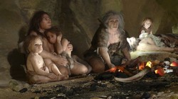 Một bức tranh ghi lại cuộc sống của gia đình người Neanderthal trong hang động.