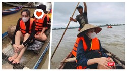 Ca sĩ Thuỷ Tiên lặn lội về cứu trợ bà con vùng bão lũ (Ảnh: FBNV - Hoà Bình ghép) 
