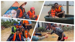 Nhiều đoàn do các tổ chức, cá nhân đang tiếp tục đi vào cứu trợ bà con vùng lũ (Ảnh: Hoà Bình ghép) 