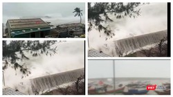 Cột sóng cao gần 10m đập vào đảo Lý Sơn sáng nay 28/10 (Ảnh: Hoà Bình ghép từ video clip) 