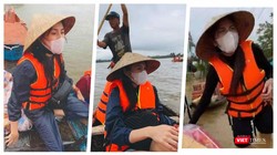 Ca sĩ Thuỷ Tiên trên xuồng cứu trợ đi tới với bà con vùng lũ (Ảnh: Hoà Bình ghép)