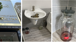 Một cơ sở chăm sóc da nhưng lại có các dụng cụ phẫu thuật đã qua sử dụng đặt trong bồn rửa tay, bên dưới là bình hút dịch có máu đỏ tươi. Chụp tại “Viện Thẩm mỹ Quốc tế Mộc Trà” ngày 11/3/2021 (Ảnh: SYT) 